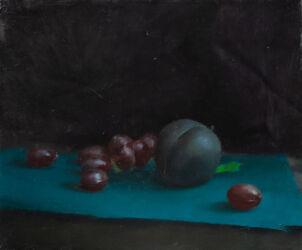 Plum And Grapes, oil on canvas, 25cm x 30cm, 2023