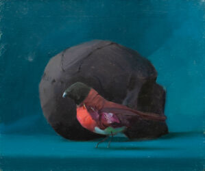 Asetelma (lintu ja kallo I), öljy kankaalle, 25cm x 30cm, 2021